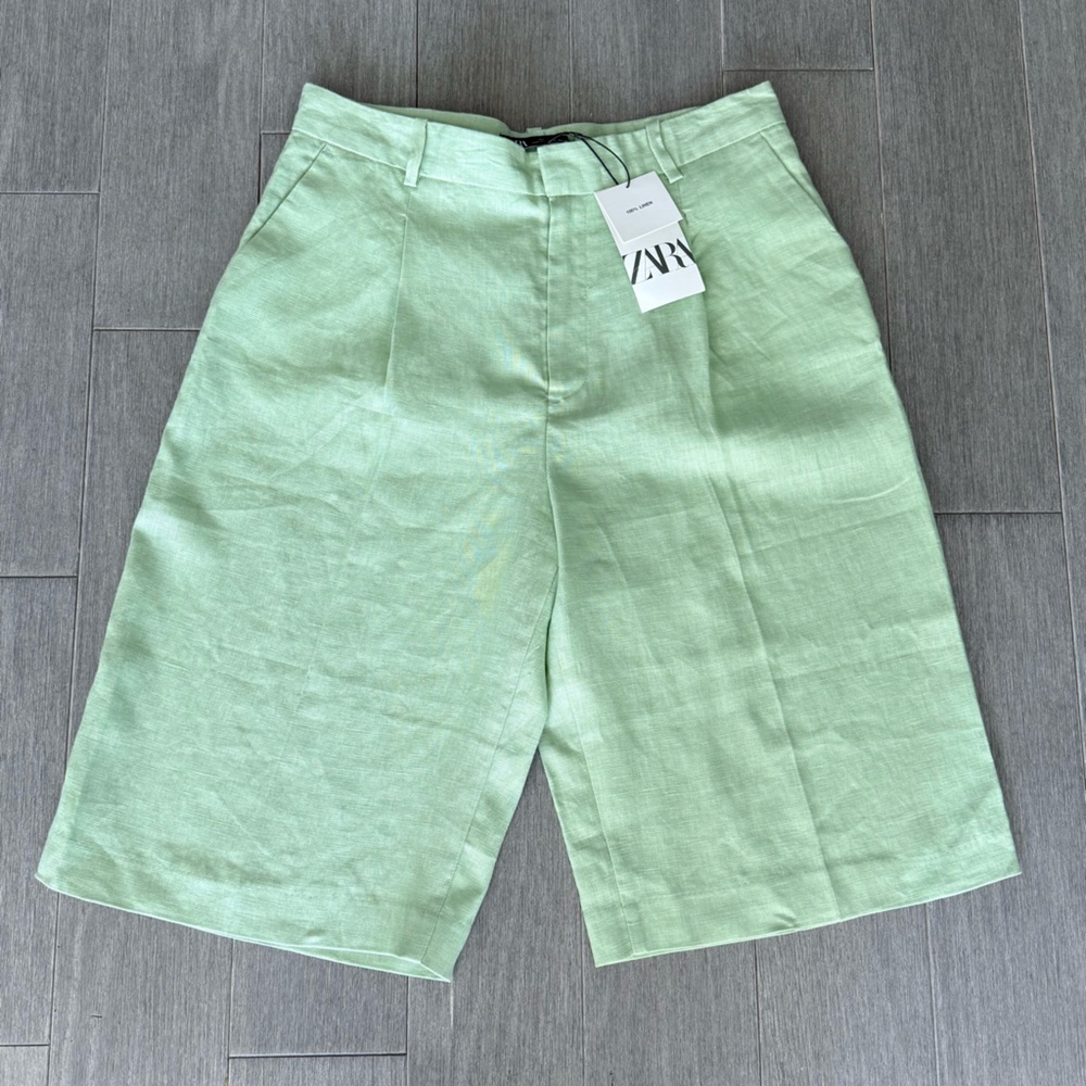 NWT Zara Linen Long Bermuda High Rise Pleated Shorts Green L Lagenlook 90s Boho - Picture 14 of 16